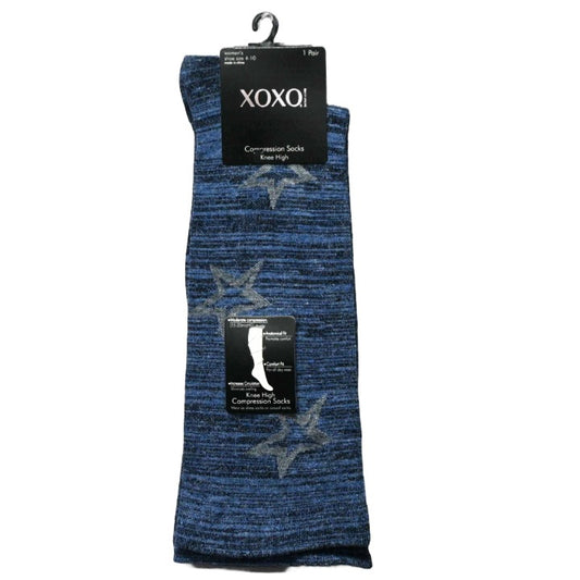 LADIES 1PK COMPRESSION KNEE HIGH SOCKS BLUE CHARCOAL STAR PRINT C/P 48 XOXO