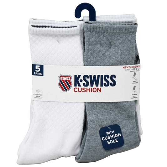 5PK 10-13 MENS HF CSH CREW ARCH SUPPORT AND D CUFF SOCKS K-SWISS C/P 36
