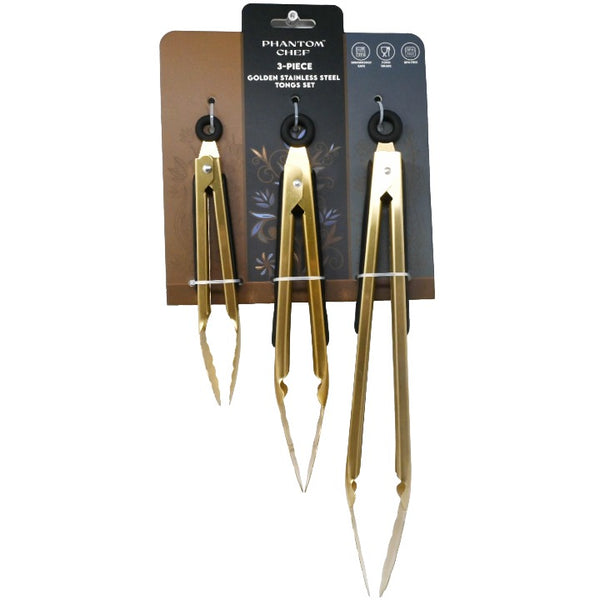 3pc Blk Gld Tong Set C/P 12 Phantom Chef