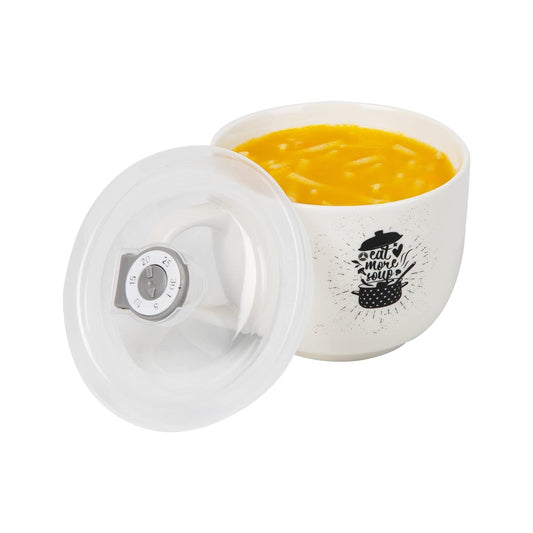 16oz "EAT MORE SOUP" CERAMIC SOUP MUG W/VENTED LID AND DAY DOT C/P 36