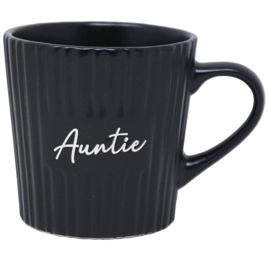 16oz Matte Black Mug with Embossed Pattern and Debossed "Aunt" C/P 24