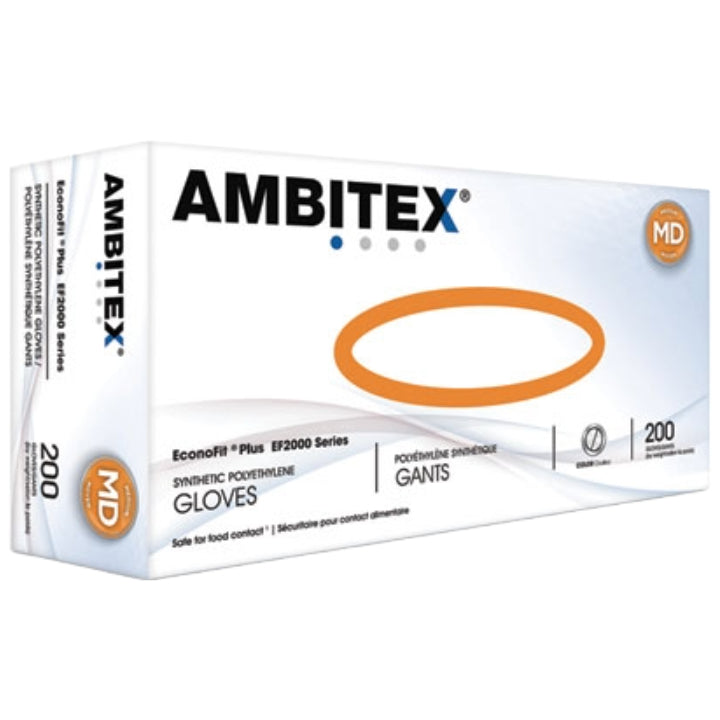 AMBITEX POLYTHYLENE GLOVES, 200 PACK, MEDIUM, EconoFit Plus EF2000 SERIES C/P 10