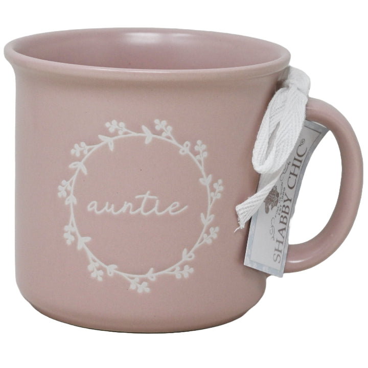 Debossed "Auntie" with Floral Wreath Border Camper Mug Shabby Chic C/P 36