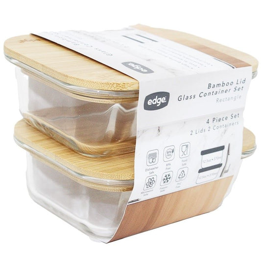 2pc 12.5oz STACKED RECT. GLASS CONTAINER W/BAMBOO LID C/P 6