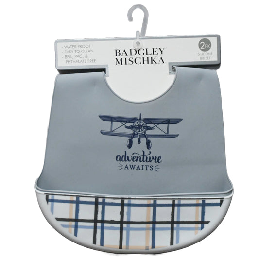 2pk Gray "Adventure Awaits" & Plaid Print Silicone Bibs Badgley Mischka C/P 60