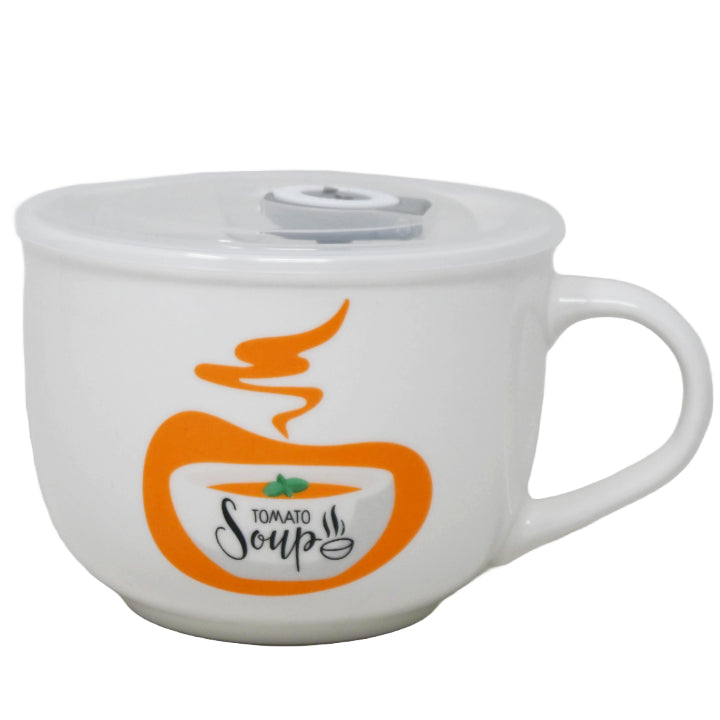 16oz "TOMATO SOUP" CERAMIC SOUP MUG W/VENTED LID AND DAY DOT C/P 36
