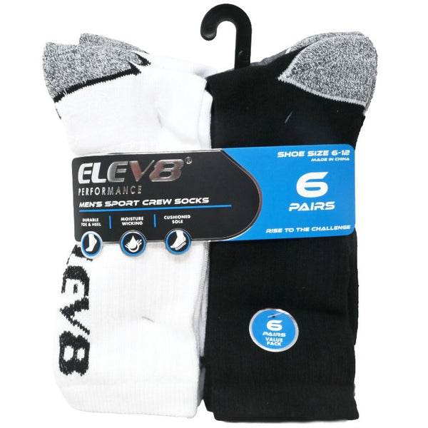 6pk Mens 10-13M Asst WBG Heel Toe Crew Socks C/P 60 ELEV8