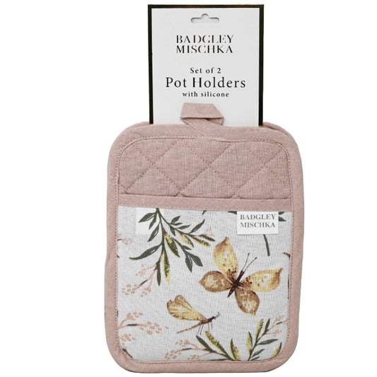 2pc Dusty Pink Silicone Grip Pot Holder wButterfly & Twigs C/P 30