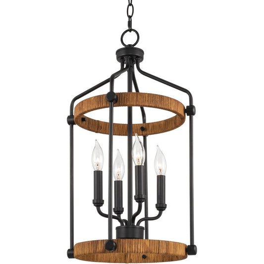 Pollack 24" 4-Light Modern Farmhouse Lantern Pendant Light, Open Design, Rattan Accents + Black Finish C/P 1