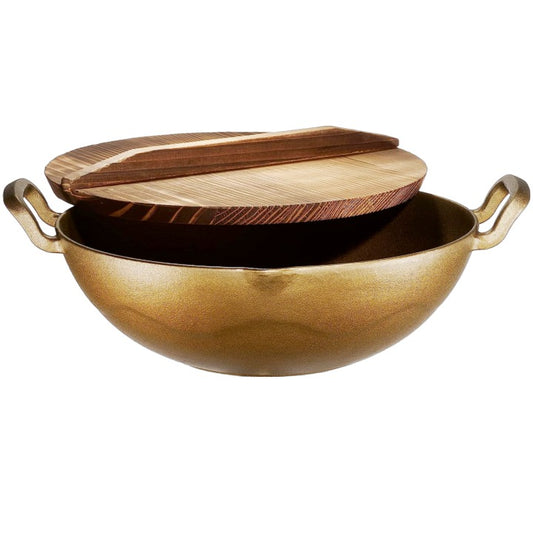 12" KLEE COPPER CAST IRON WOK PAN W/WOOD LID AND HANDLES C/P 2
