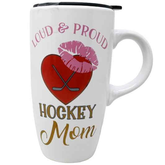 CERAMIC WHT HOCKEY MOM TRAVEL CUP W/LID C/P 24