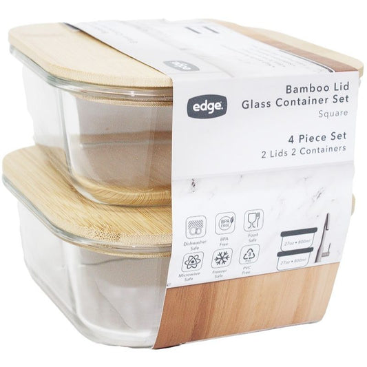 2pc 27oz STACKED SQUARE GLASS CONTAINER W/BAMBOO LID C/P 6