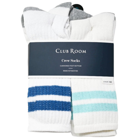 *NO USA* Mens 10-13 White 8pk CLUB  ROOM  1/2  CUSHION  MULTI  CREW SOCKS C/P 15