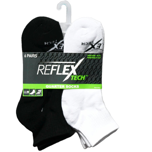 6pk MEN BLACK/WHT CUSHIONED QTR SOCKS SIZE 10-13 C/P 36