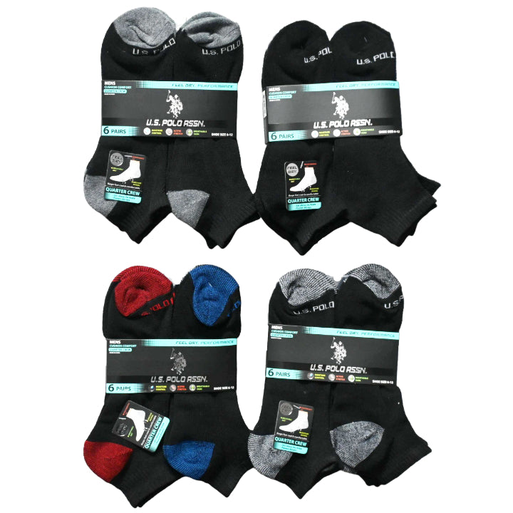 6pk US POLO ASSN MEN QTR CUSHION SOCKS BLK ASST STYLES SIZE 6-12 C/P 48
