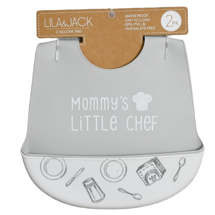 2PC Silicone Bibs - Gray "Mommy's Little Chef" & Utensils Print C/P 60