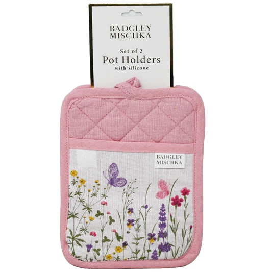 2pc Pink Silicone Grip Pot Holder Botanical Print C/P 30