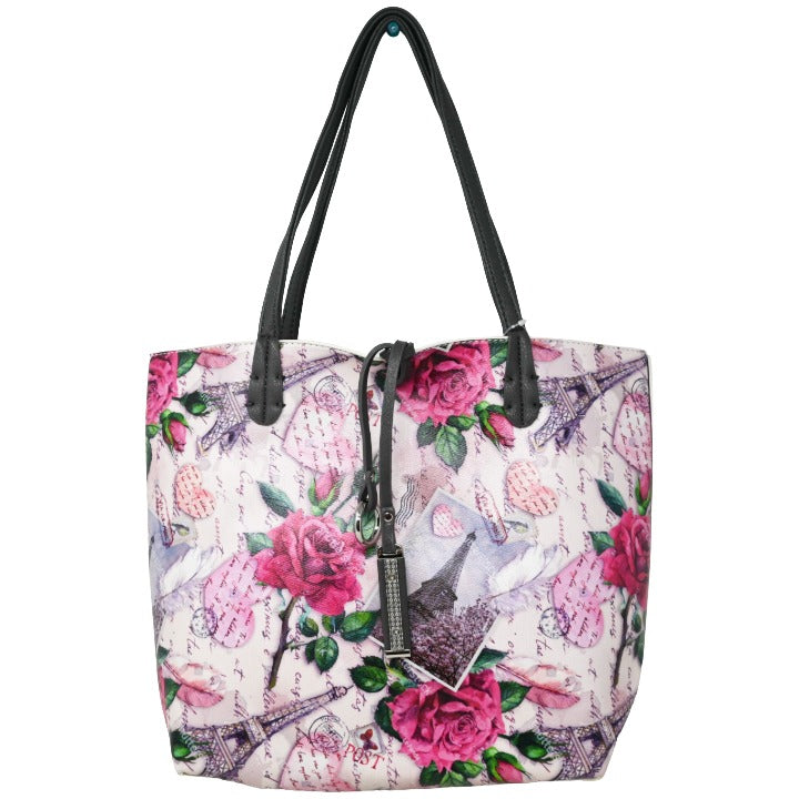 2pc Reversible Tote and Crossbody Bag Rose Print Gray PU C/P 22