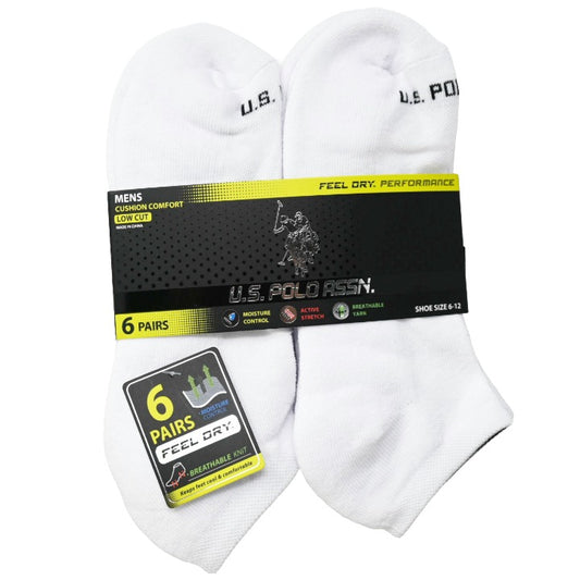 6pk MEN'S WHITE L/C CUSHION SOCKS SIZE 6-12 U.S. POLO ASSN. C/P 48