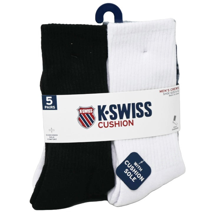 5PK 10-13 MENS HALF CUSH CREW SOCKS K-SWISS C/P 36