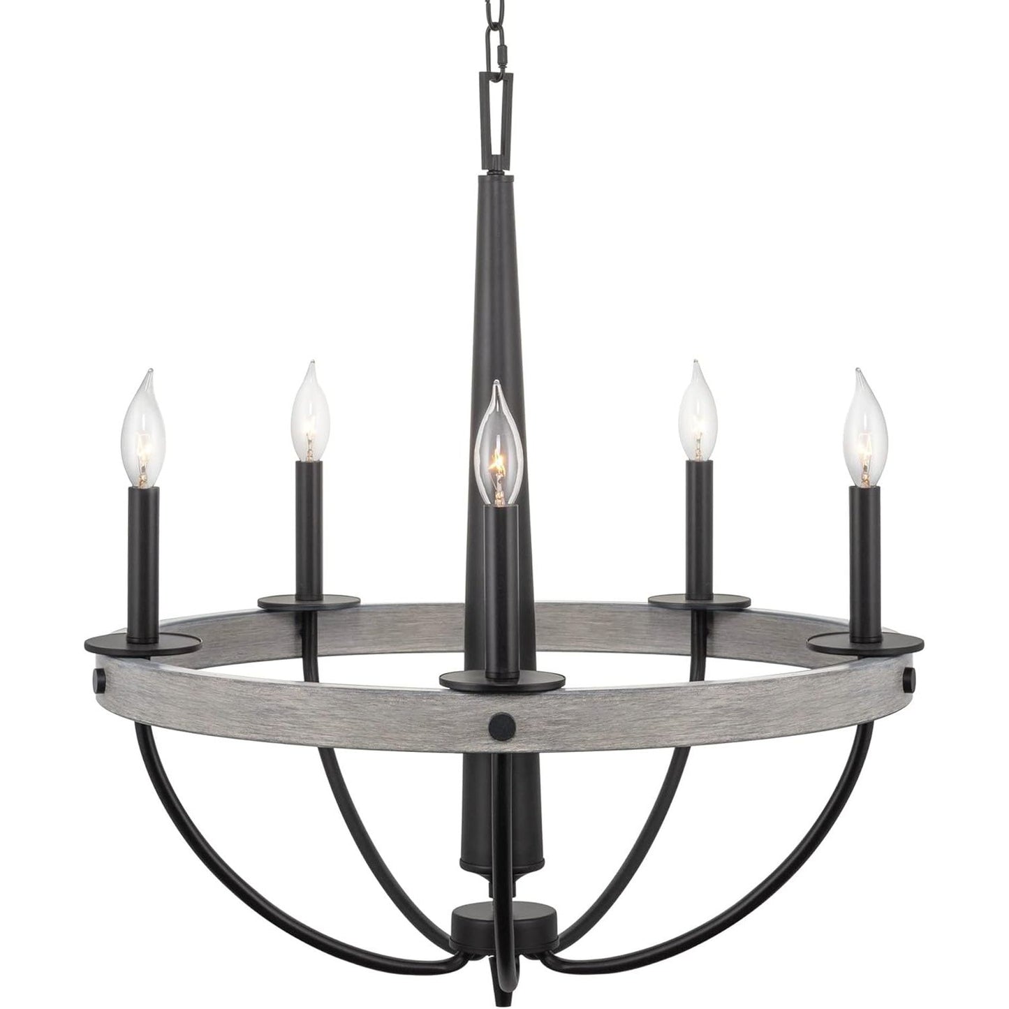 Madison 27" 5-Light Modern French Country Farmhouse Chandelier, Round Inverted Empire Design, Gray Oak Wood Style + Black Finish C/P 1