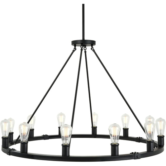 Jericho 42" 12-Light Large Industrial Rustic Farmhouse Wagon Wheel Chandelier, Round Kitchen Island Light, Black Finish C/P 1