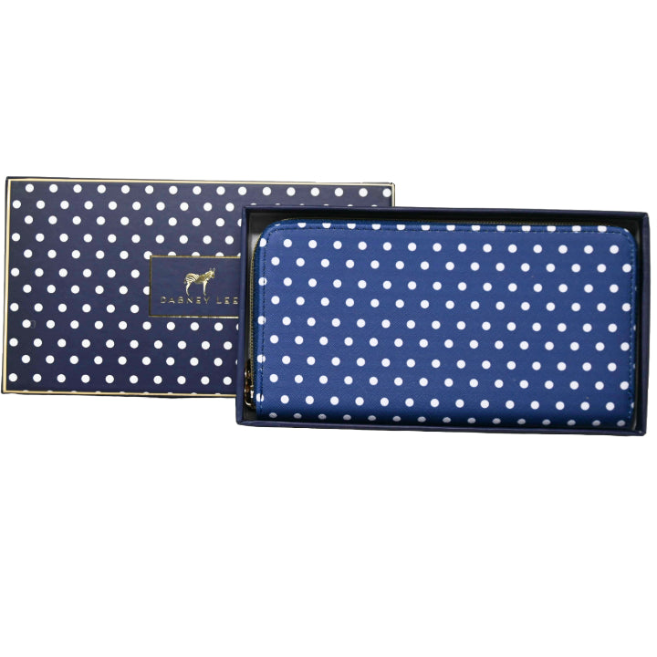 *OUTSIDE OF CA* LRG BLUE POLKA DOT ZIPPER WALLET IN GIFT BOX C/P 40