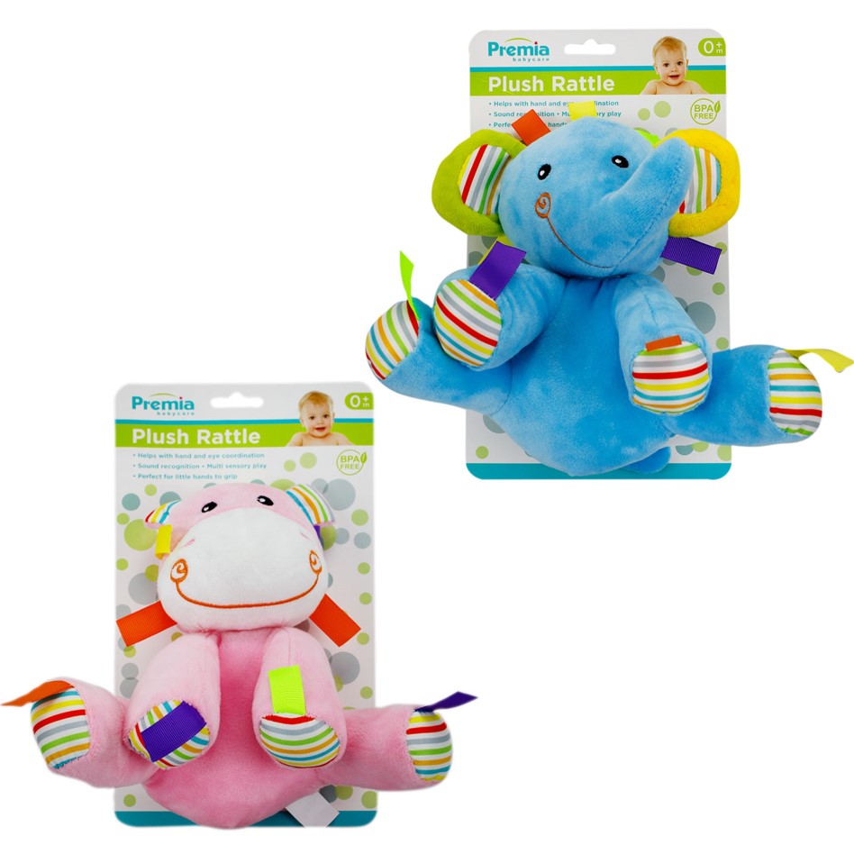 PREMIA LARGE PLUSH RATTLE TOY W/TAGS(ELEPHANT & HIPPO C/P 24