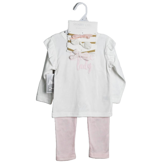 White/PK/Floral Long Sleeve Bodysuit with Shoulder Ruffle, Pants, and Bow Headband Baby Apparel Set C/P 48