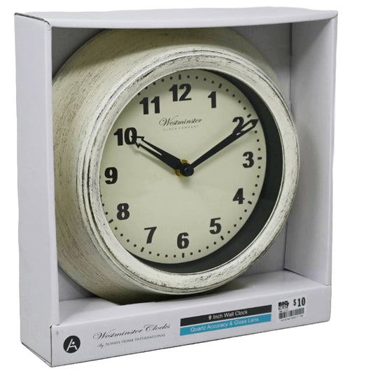 9" WHITE WASH CLOCK C/P 4