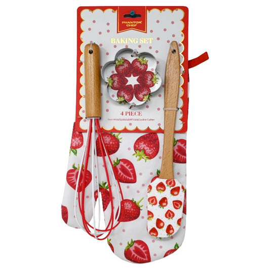 4pc Strawberry Printed Baking Set wSpatula, Whisk, Oven Mitt and Cookie Cutter C/P 24