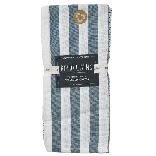 18x28" Blue and White Set of 2 Striped Textured Weave Kitchen Towels C/P 36