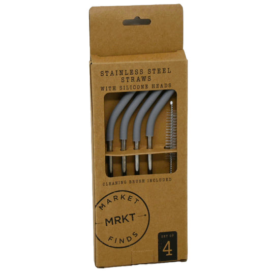 4pk Stainless Straws wGrey Sillicone Head and Cleaning Brush C/P 48
