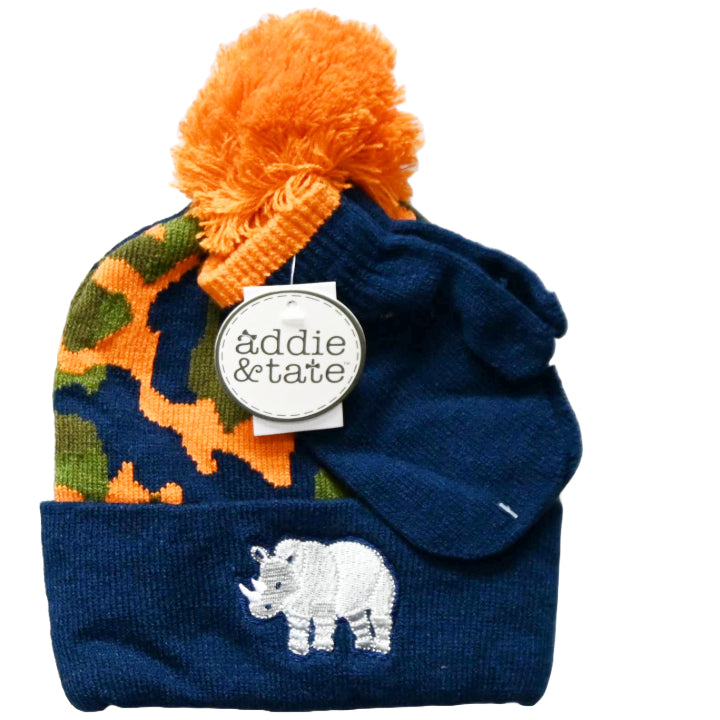 TODDLER CAMO KNIT CUFF POM HAT W/PATCH & MITTEN SET C/P 96