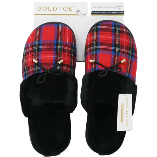 S-XL WOMEN RED PLAID SLIPPER W/FAUX FUR COLLAR GOLD TOE C/P 18