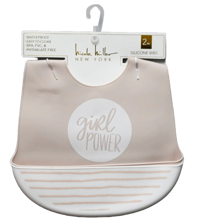 2pc Pinky Beige "Girl Power" & Stroke Stripes Sprint Silicone Bibs Nicole Miller C/P 60