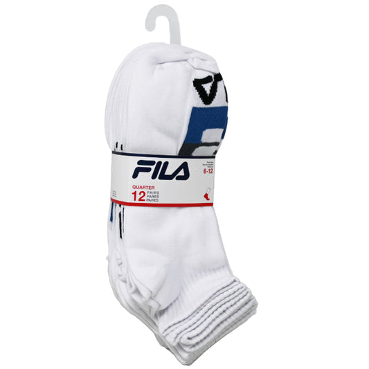 12pk MEN WHITE FILA BLOCKED QTR SOCKS SIZE 10-13 C/P 60