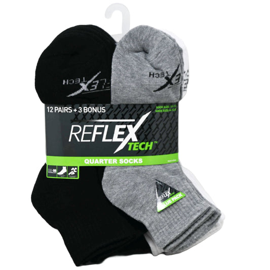15pk REFLEX BLK/WHT/GRY MEN CUSHION QTR SOCKS SIZE 10-13 C/P 36