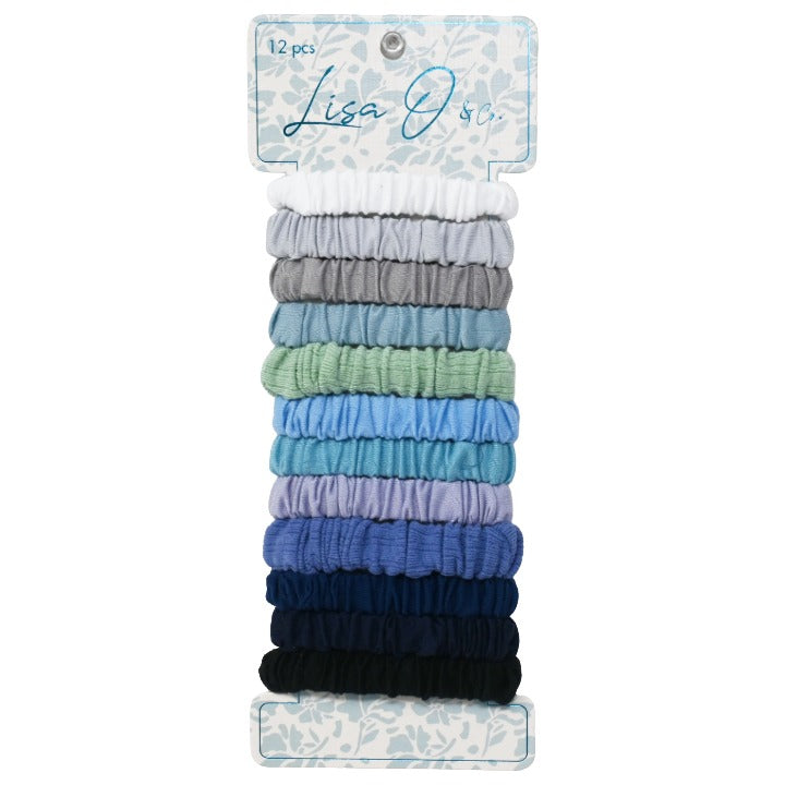 Lisa O and CO 12pc Blue/Grey/White Asst Hair Scrunchies (Flat Shirred) Peg Card C/P 72