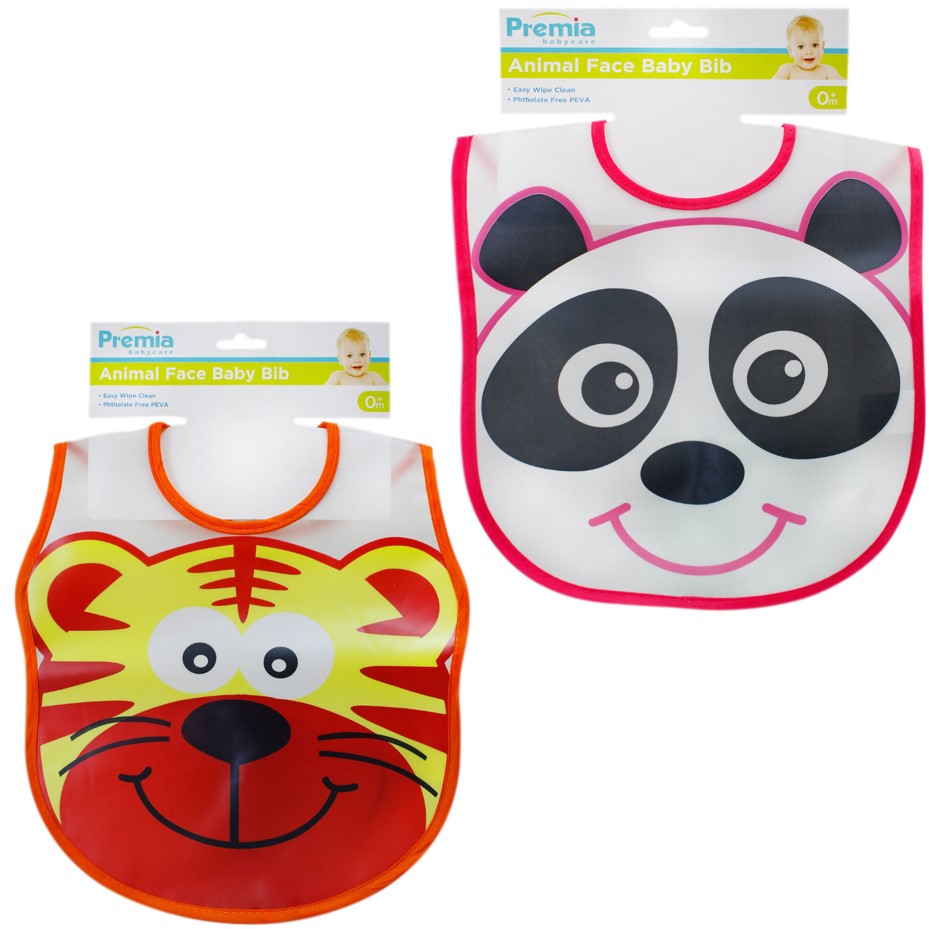 PREMIA PEVA BABY ANIMAL FACE BIB 2-ASSORTED C/P 144