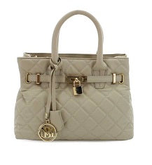 BADGLEY MISCHKA BEIGE BIG DIAMOND QUILTED TOTE WITH FRONT LOCK C/P 8