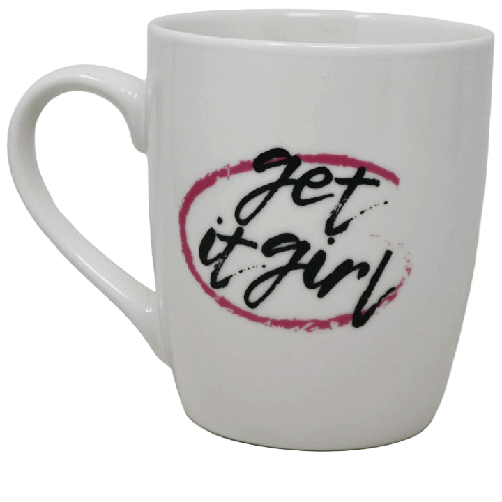 16oz White Bullet Mug: "Get It Girl" in Black inside a Hot Pink Circle C/P 36