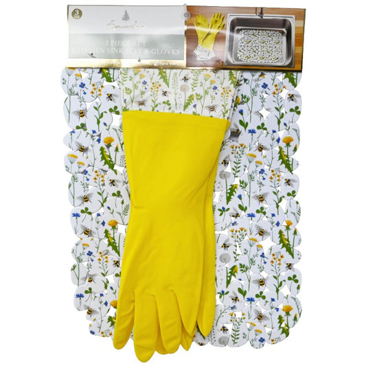 3pc Fl Bee Kitchen Mat Sil Glove Set C/P 24
