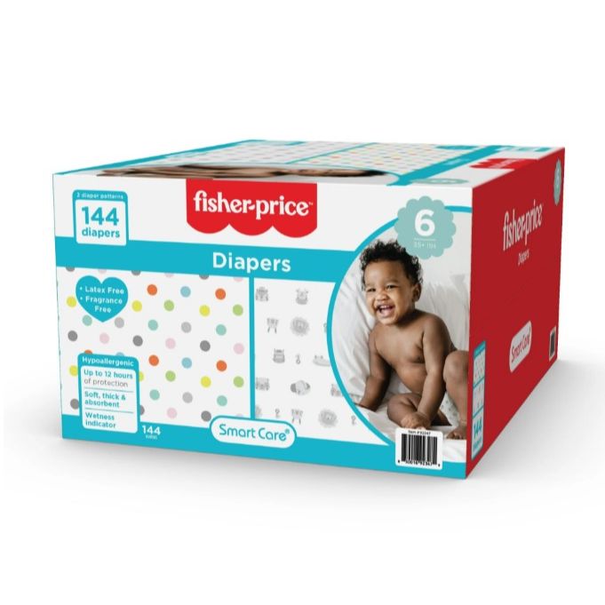 144ct FISHER PRICE FULL ELASTIC WAIST BAND DIAPERS W/WETNESS INDICATOR SIZE 6 C/P 1