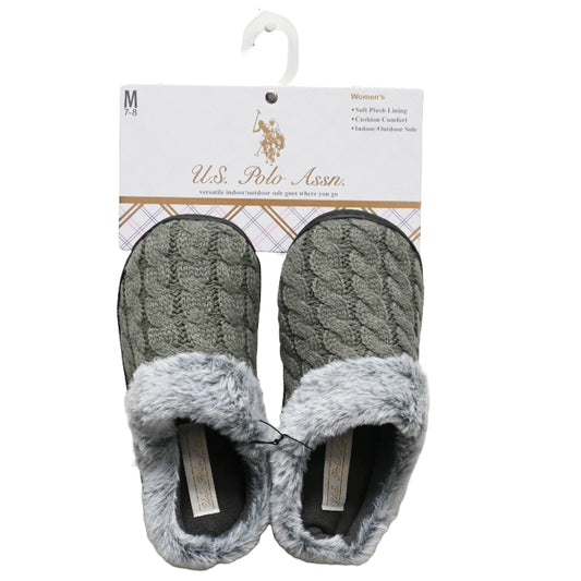 U.S. POLO ASSN. LADIES GRAY SLIPPERS WITH FUR C/P 24