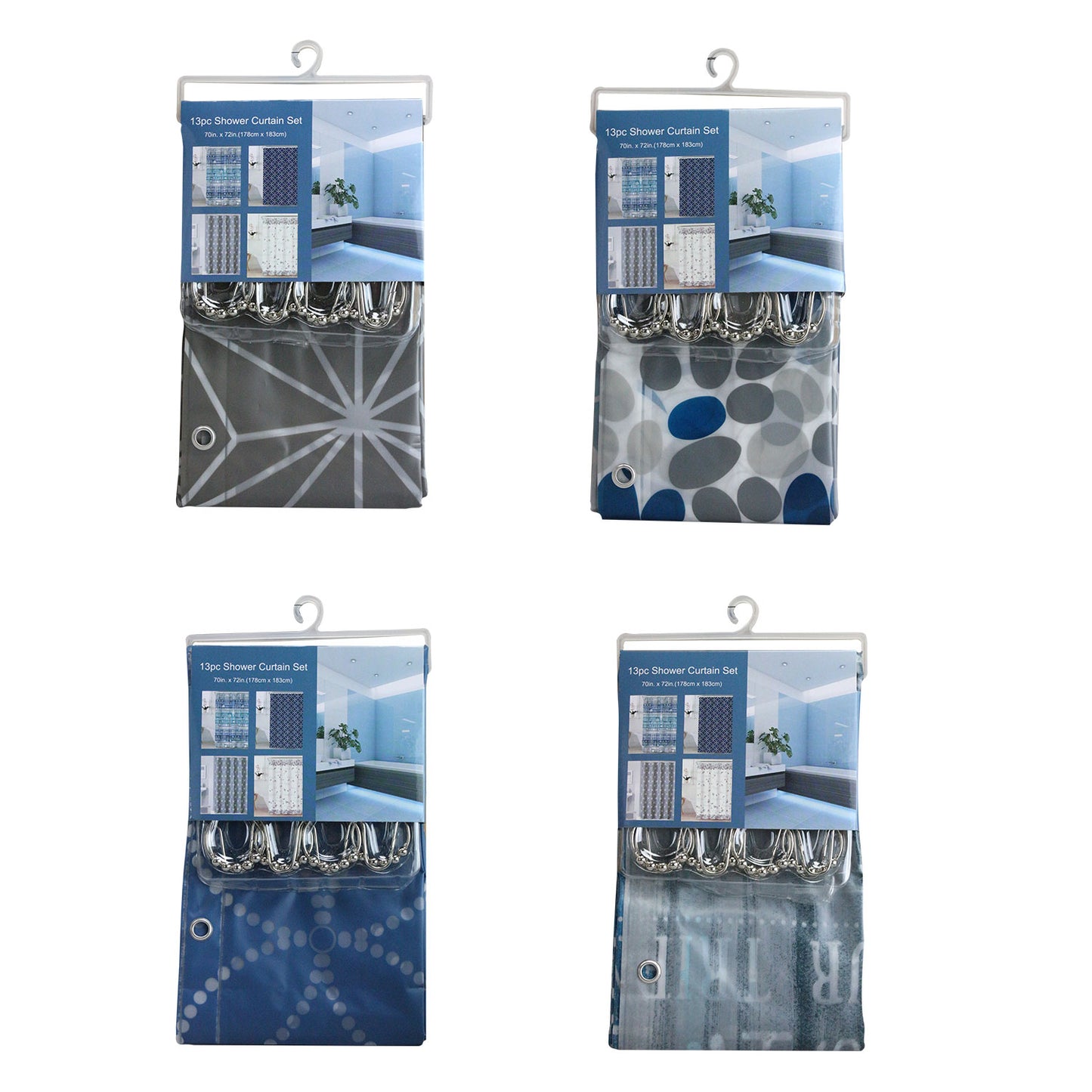 70" X 72" PRINTED SHOWER CURTAIN WITH 12 METAL HOOKS, 4 ASSORTED PRINTS C/P 20