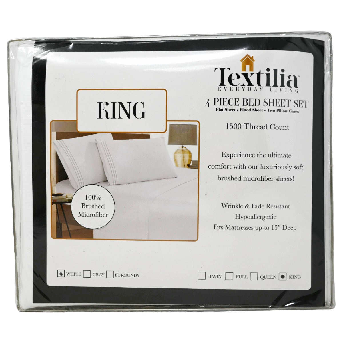 4pc White King Sheet Set with Embroidered Pillow Cases (1500 Threat Count 100% Brushed Microfiber) C/P 8 Textilia Everyday Living