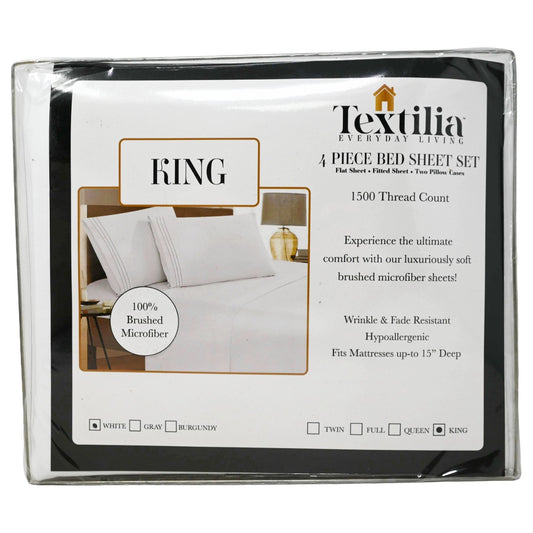 4pc White King Sheet Set with Embroidered Pillow Cases (1500 Threat Count 100% Brushed Microfiber) C/P 8 Textilia Everyday Living