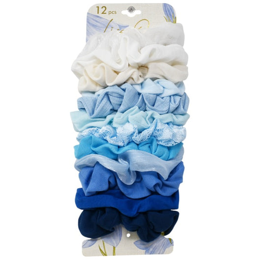 Lisa O and CO 12pc Blue/Light Blue/White Asst Hair Scrunchies (Includes 7 Jersey & 5 Fancy Fabrics) Peg Card C/P 144