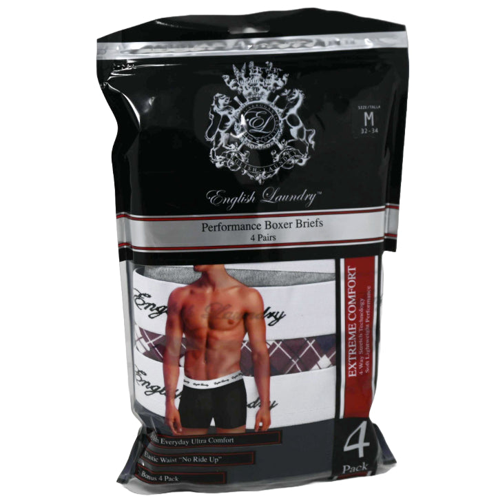 4pk S-XL MENS PERFORMANCE BOXER BRIEFS ASST ENGLISH LAUNDRY C/P 48